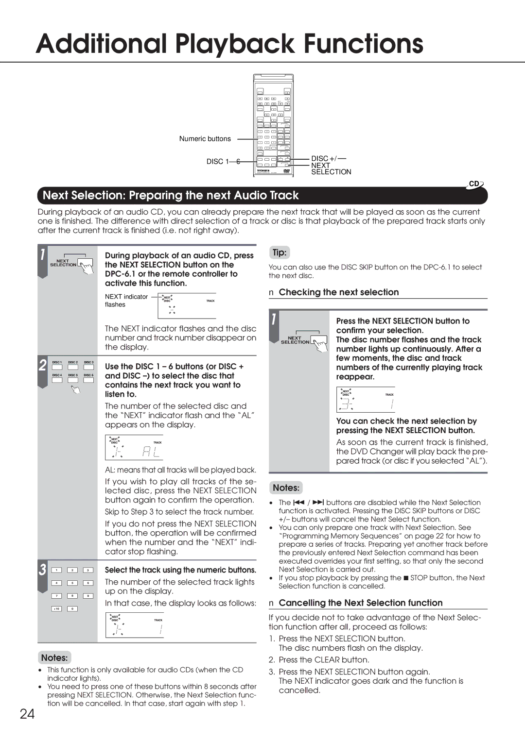 Integra DPC-6.1 instruction manual Additional Playback Functions, Next Selection Preparing the next Audio Track, Tip 