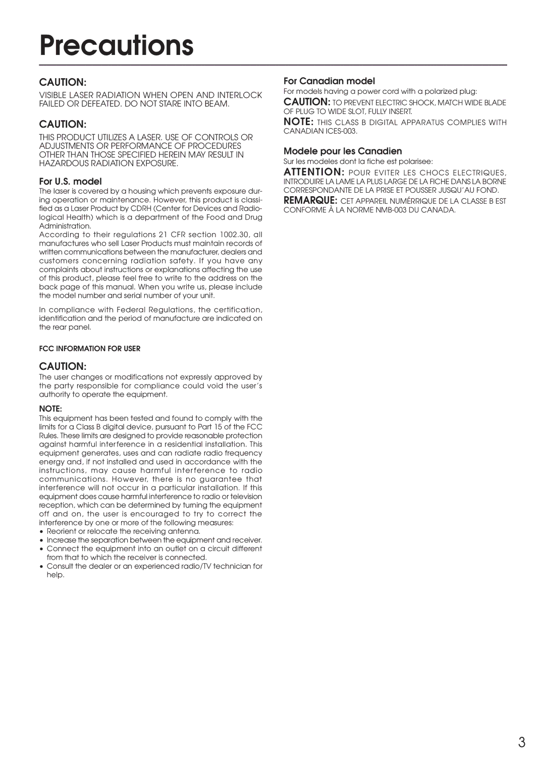 Integra DPC-6.1 Precautions, For U.S. model, For Canadian model, Modele pour les Canadien, FCC Information for User 