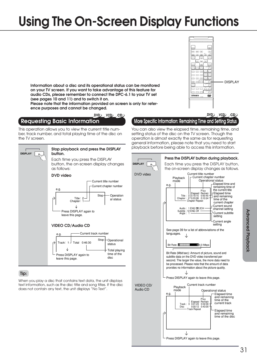 Integra DPC-6.1 instruction manual Using The On-Screen Display Functions, Requesting Basic Information 