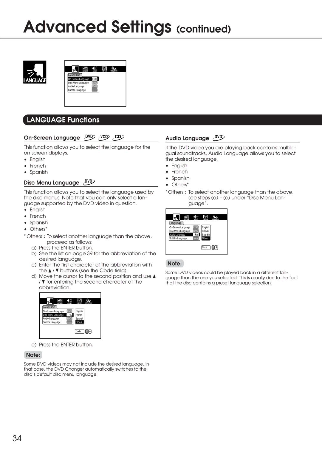 Integra DPC-6.1 Language Functions, On-Screen Language DVD VCD CD, Disc Menu Language DVD, Audio Language DVD 