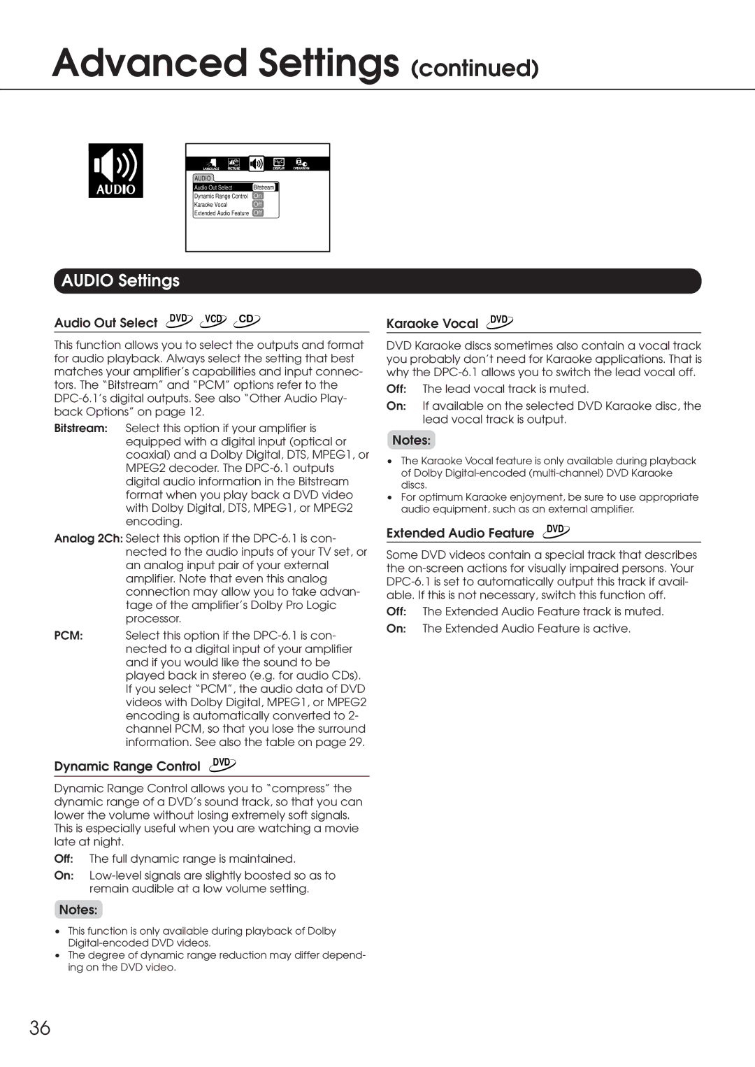 Integra DPC-6.1 instruction manual Audio Settings, Audio Out Select DVD VCD CD, Dynamic Range Control DVD Karaoke Vocal DVD 