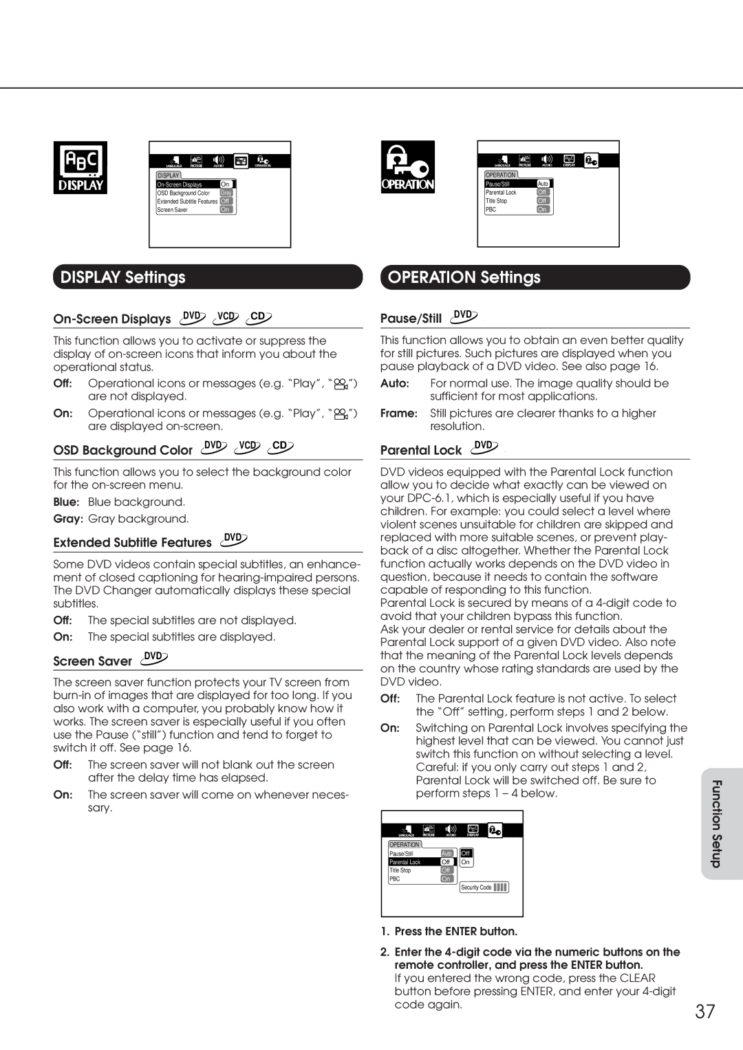 Integra DPC-6.1 instruction manual Display Settings, Operation Settings 