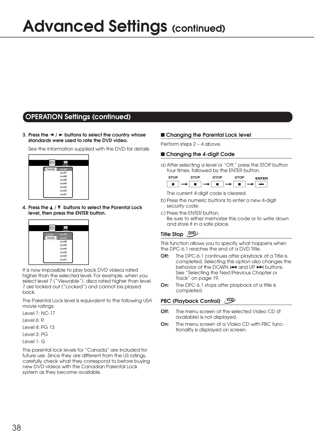 Integra DPC-6.1 Changing the Parental Lock level, Changing the 4-digit Code, Title Stop DVD, PBC Playback Control VCD 