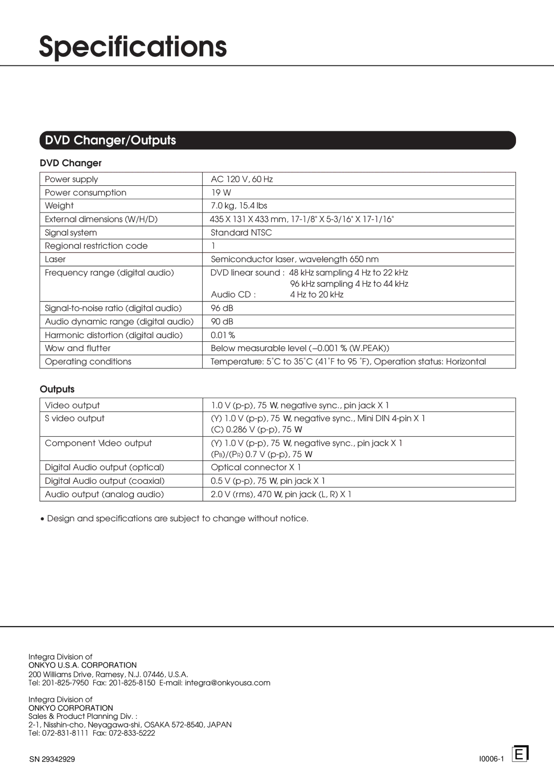 Integra DPC-6.1 instruction manual Specifications, DVD Changer/Outputs 