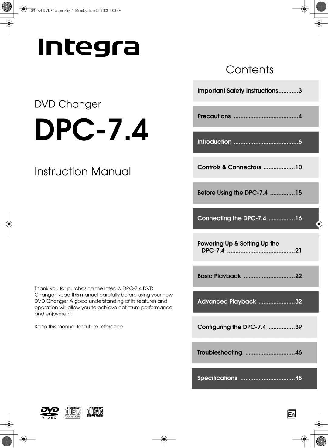 Integra DPC-7.4 instruction manual 