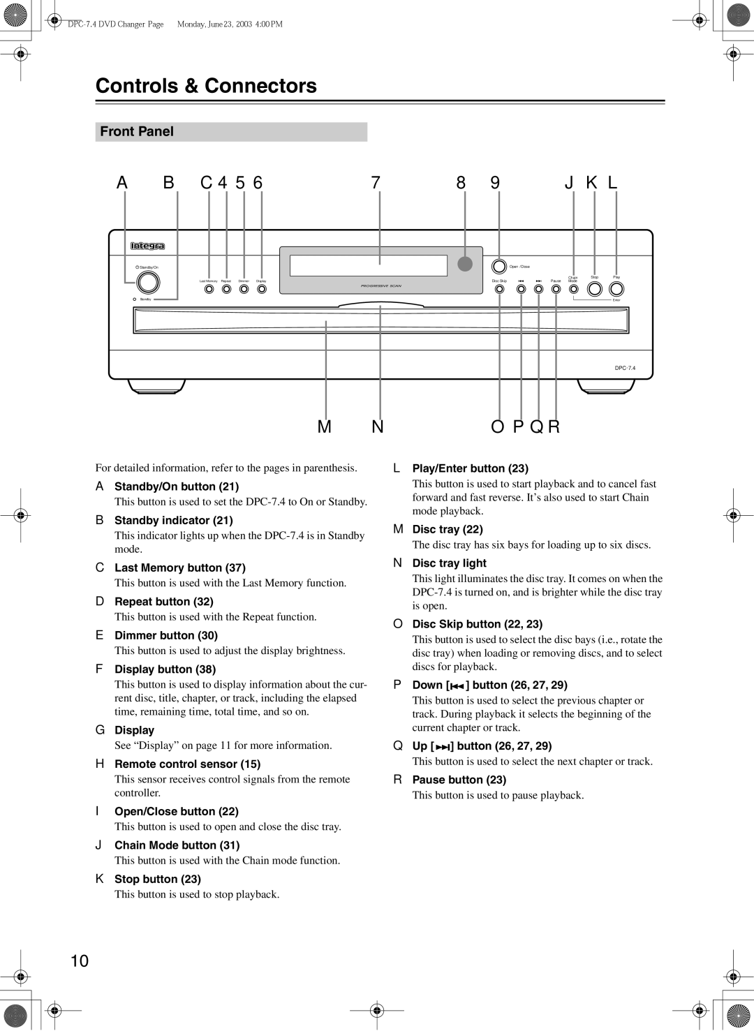 Integra DPC-7.4 instruction manual Controls & Connectors, Front Panel 