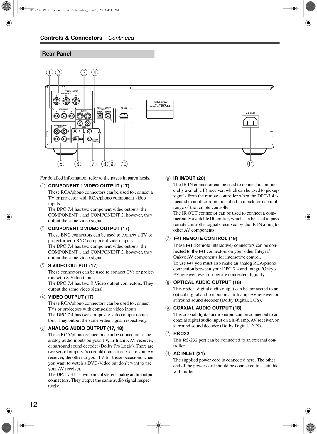 Integra DPC-7.4 instruction manual Controls & Connectors Rear Panel, Ir In/Out 