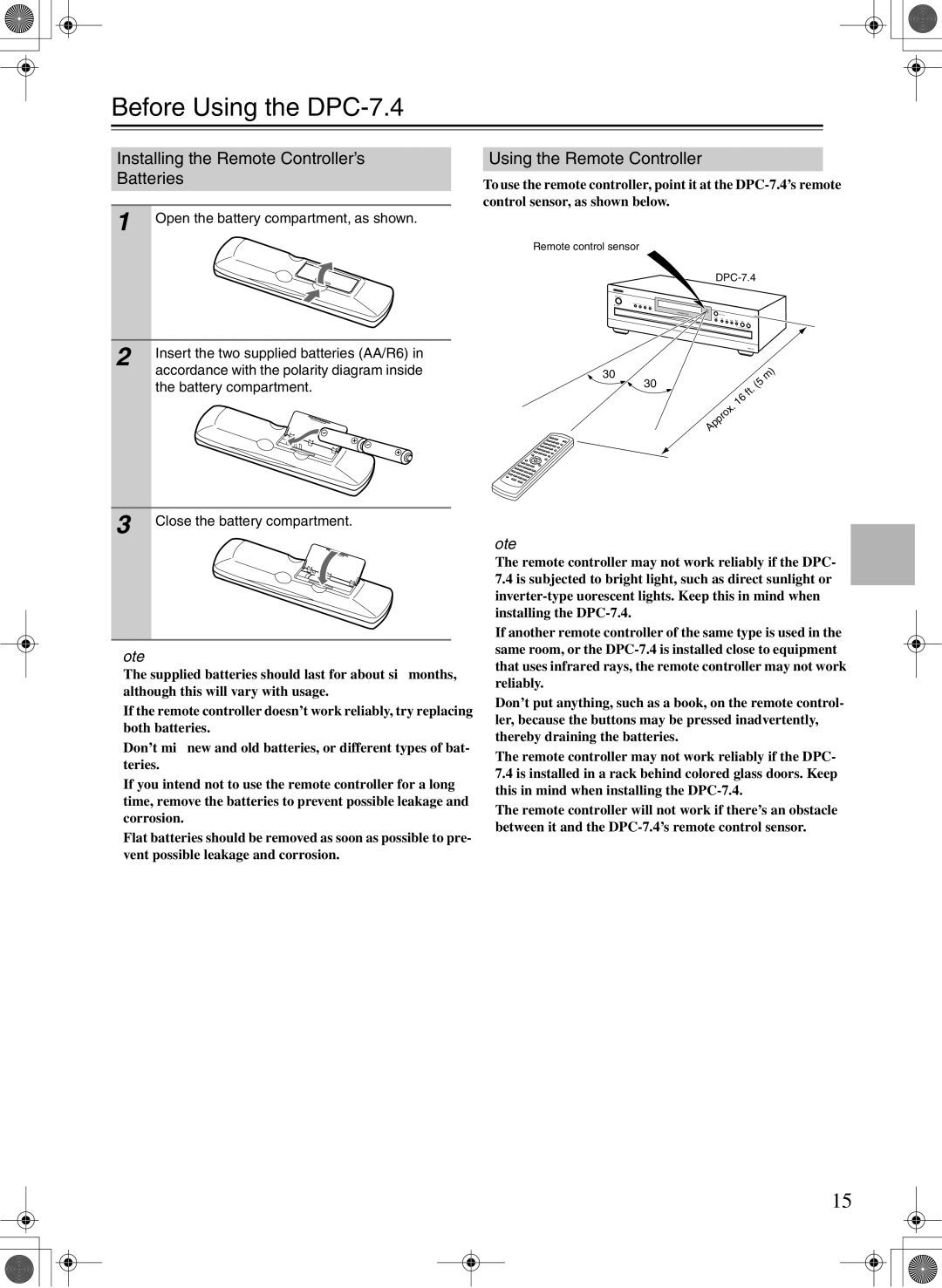 Integra Before Using the DPC-7.4, Installing the Remote Controller’s Batteries, Using the Remote Controller 