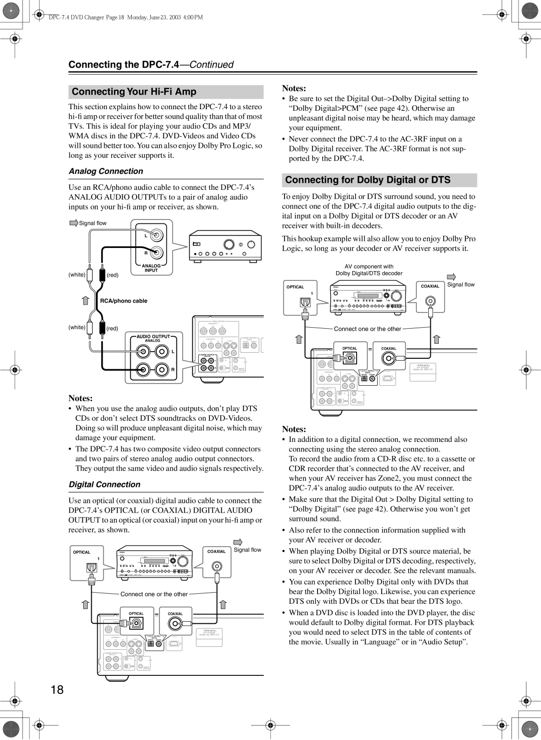 Integra Connecting the DPC-7.4 Connecting Your Hi-Fi Amp, Connecting for Dolby Digital or DTS, Analog Connection 