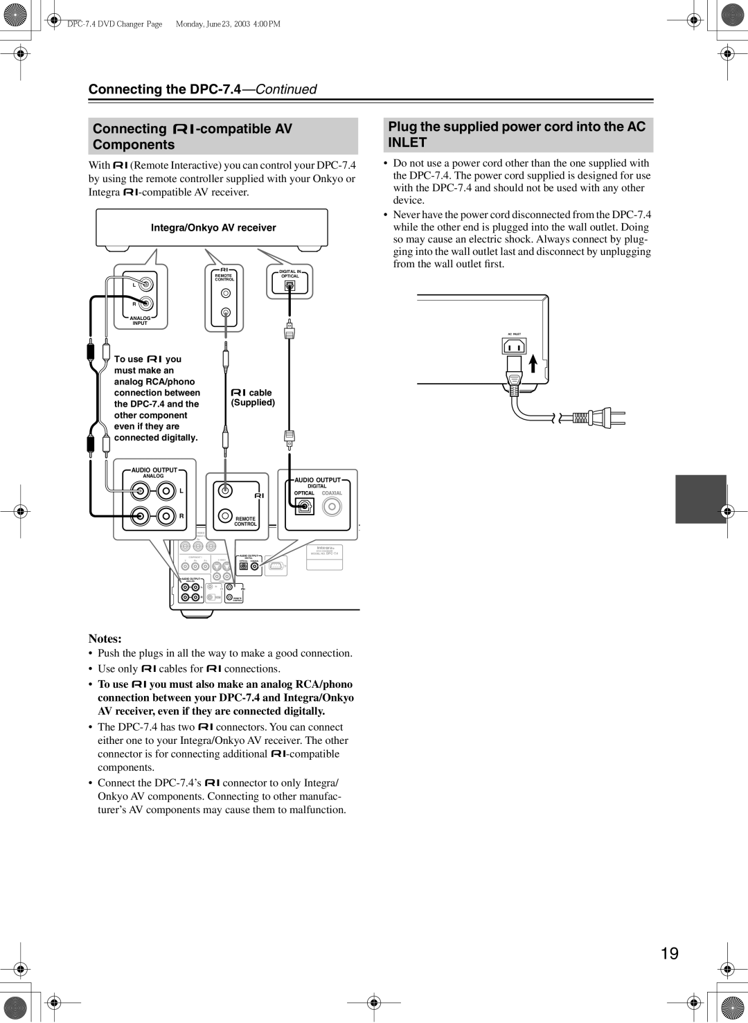 Integra Connecting the DPC-7.4 Connecting -compatible AV Components, Plug the supplied power cord into the AC Inlet 