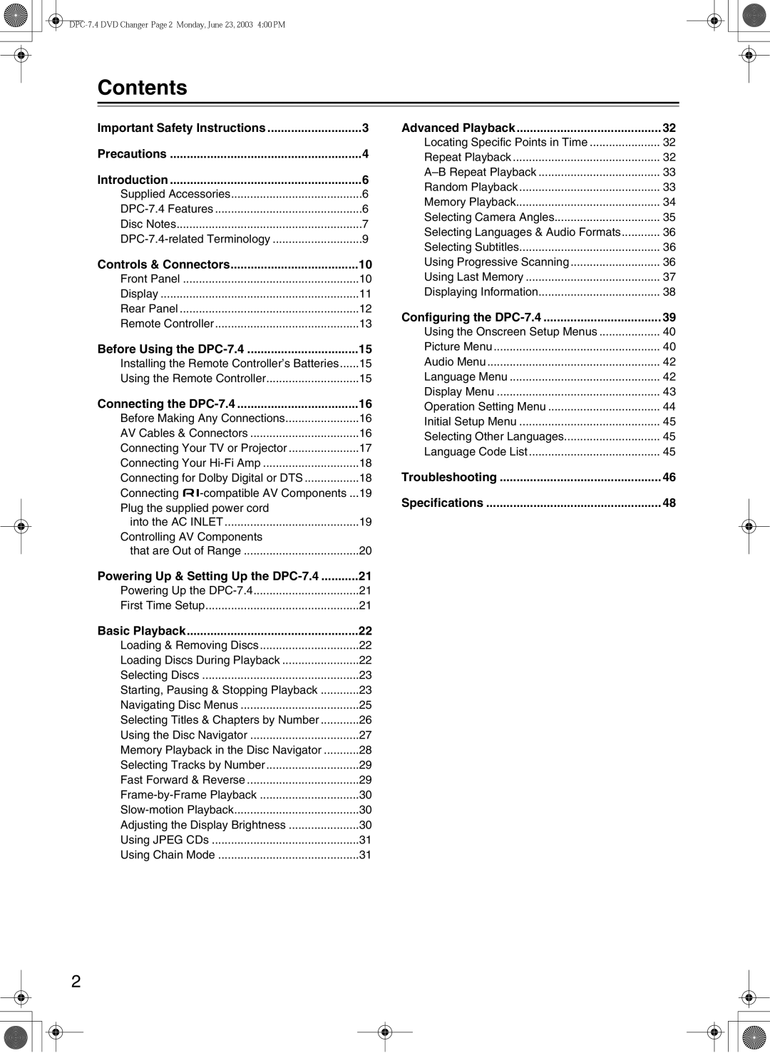 Integra DPC-7.4 instruction manual Contents 