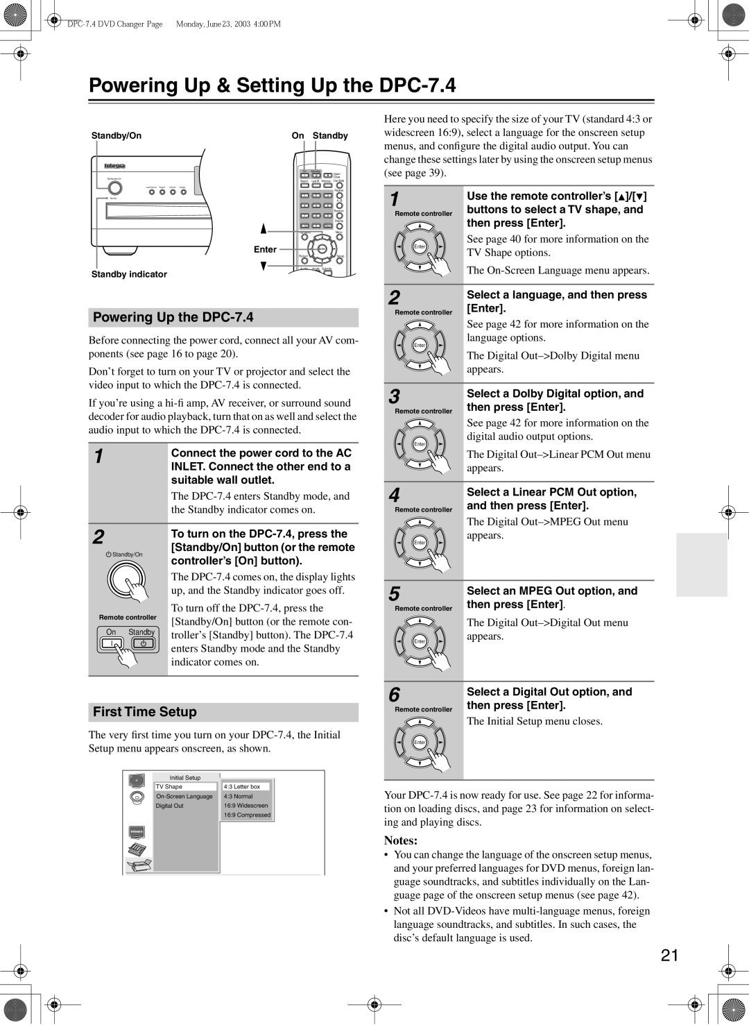 Integra instruction manual Powering Up & Setting Up the DPC-7.4, Powering Up the DPC-7.4, First Time Setup 