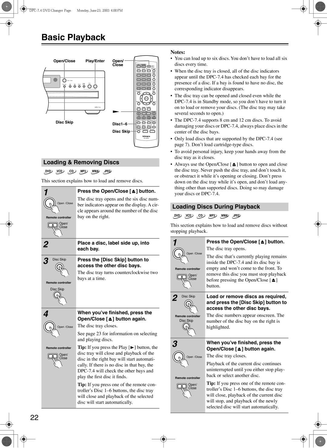 Integra DPC-7.4 instruction manual Basic Playback, Loading & Removing Discs, Loading Discs During Playback 