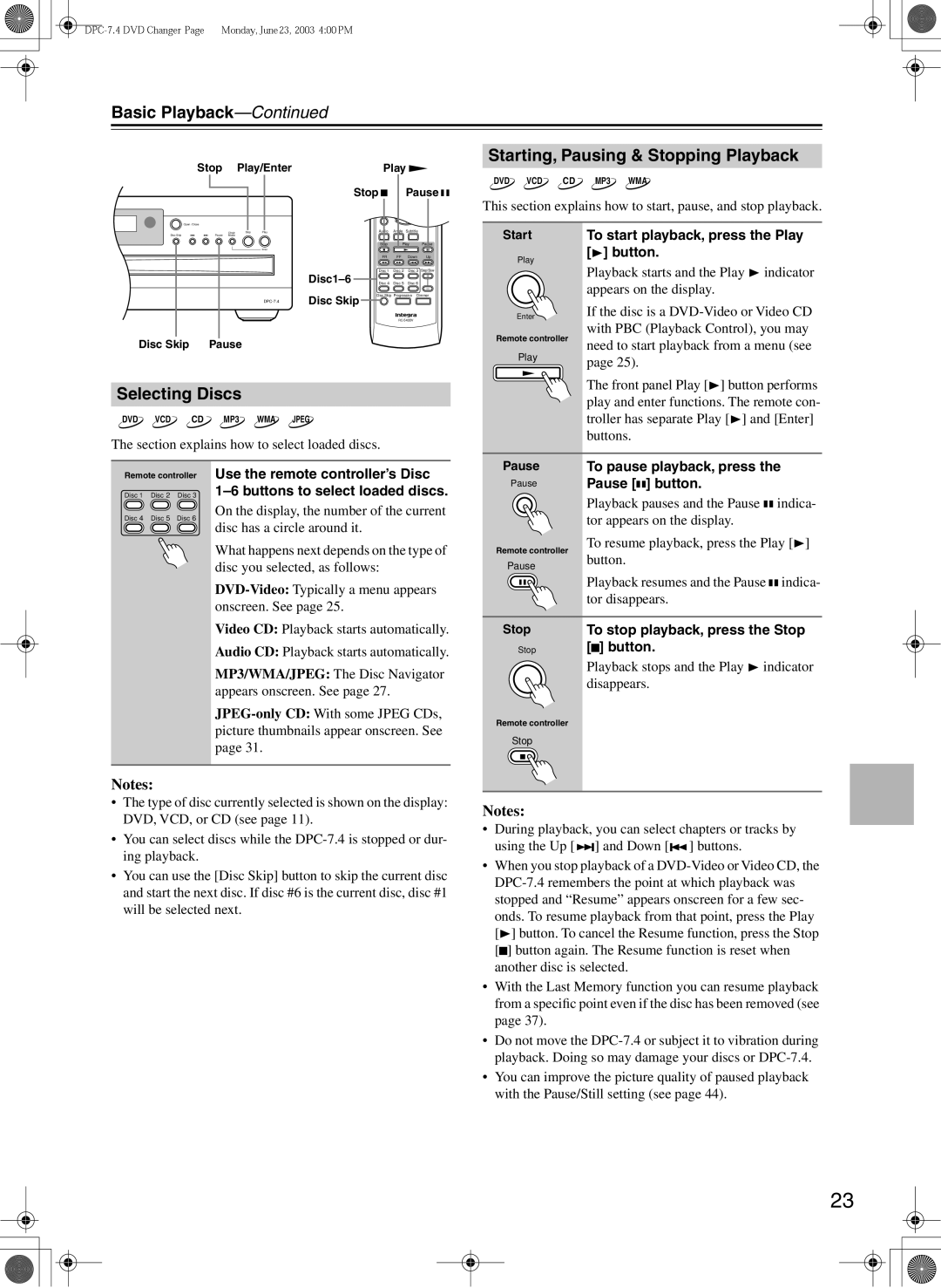 Integra DPC-7.4 instruction manual Basic Playback, Selecting Discs, Starting, Pausing & Stopping Playback 