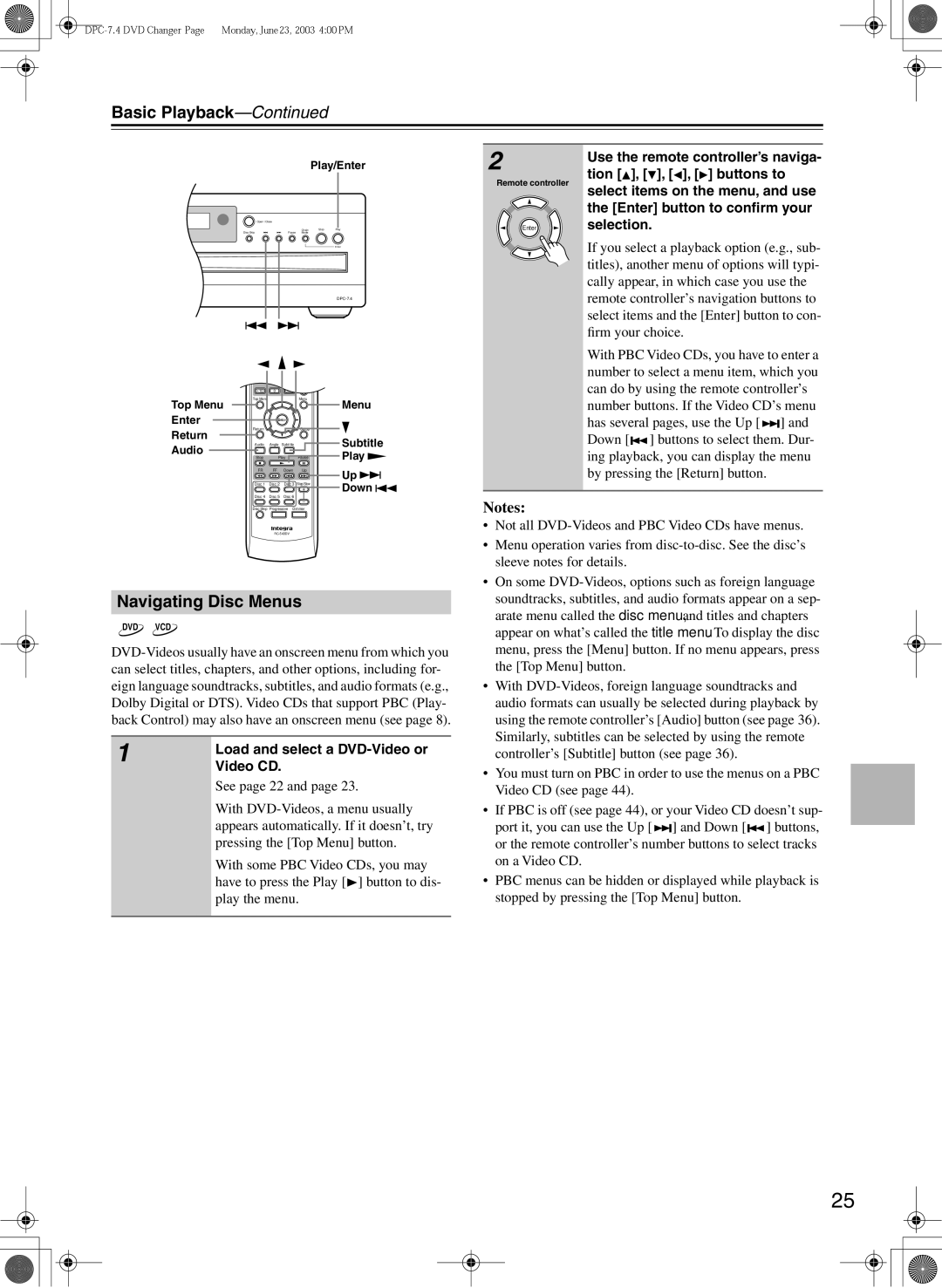 Integra DPC-7.4 instruction manual Navigating Disc Menus, Load and select a DVD-Video or, Video CD 