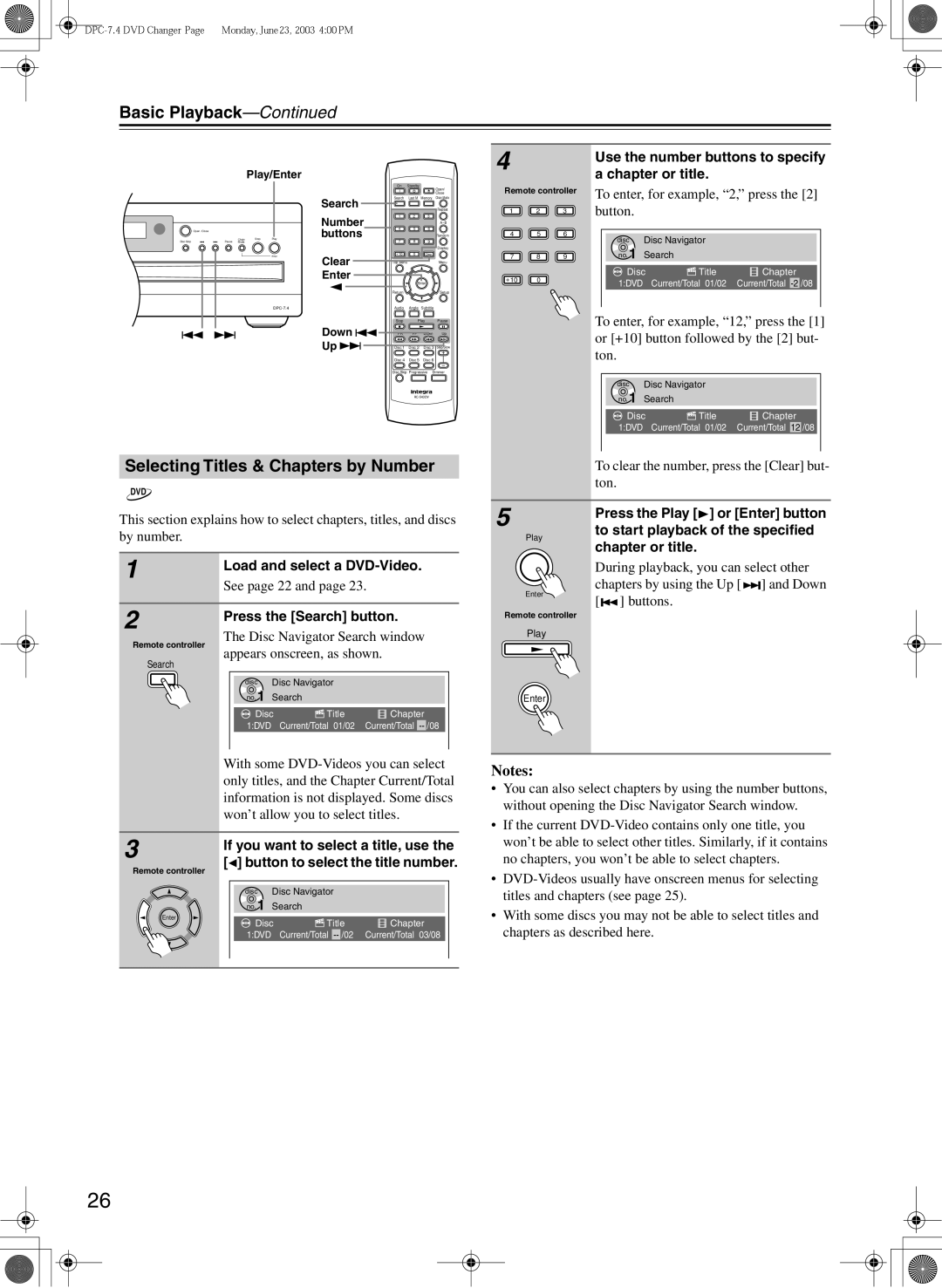 Integra DPC-7.4 Selecting Titles & Chapters by Number, Use the number buttons to specify a chapter or title 