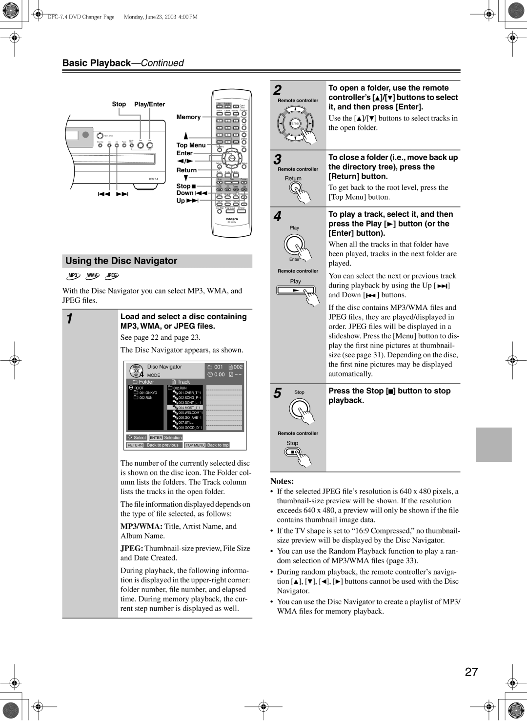 Integra DPC-7.4 instruction manual Using the Disc Navigator 