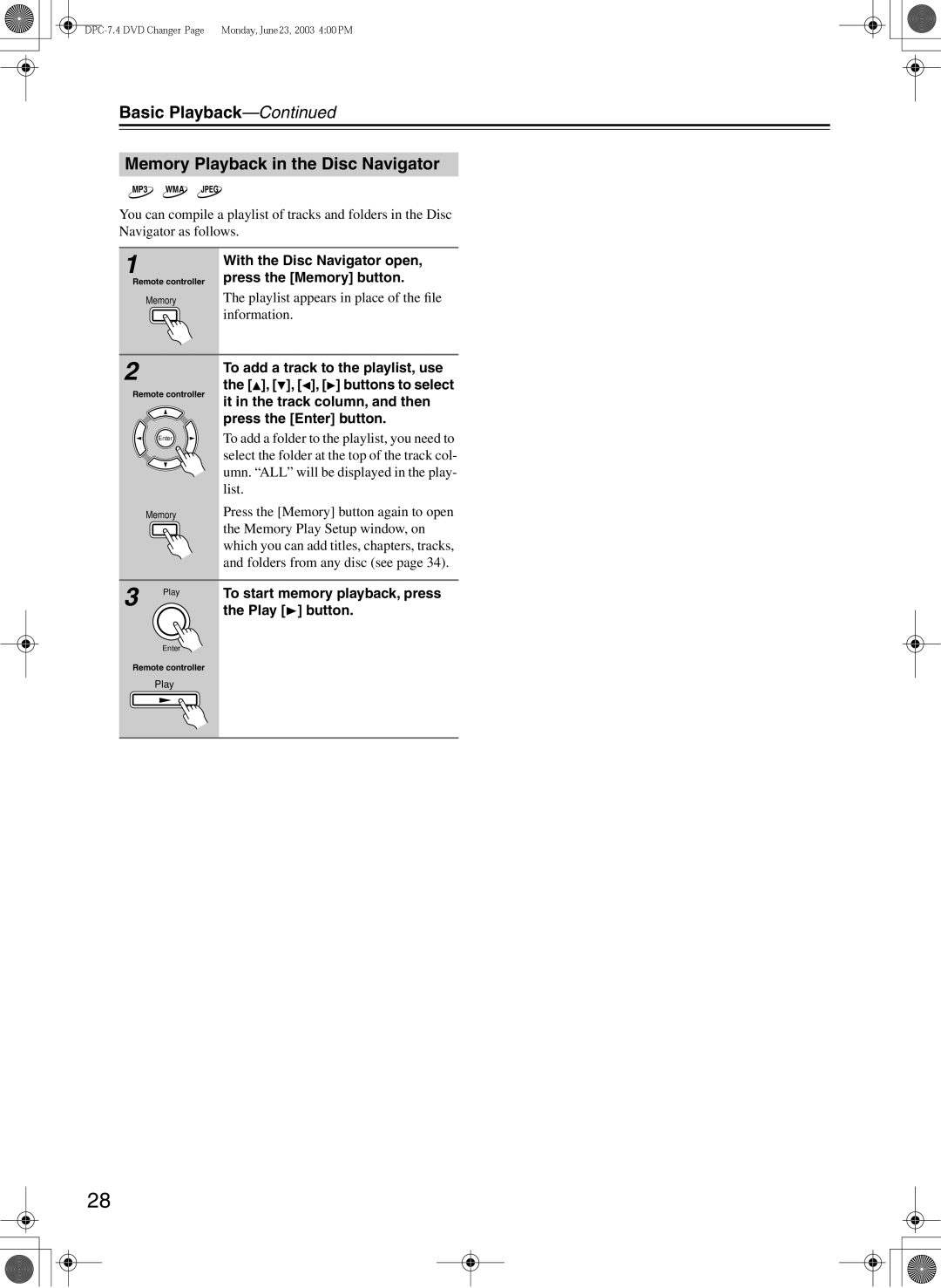 Integra DPC-7.4 Basic Playback Memory Playback in the Disc Navigator, Playlist appears in place of the ﬁle information 