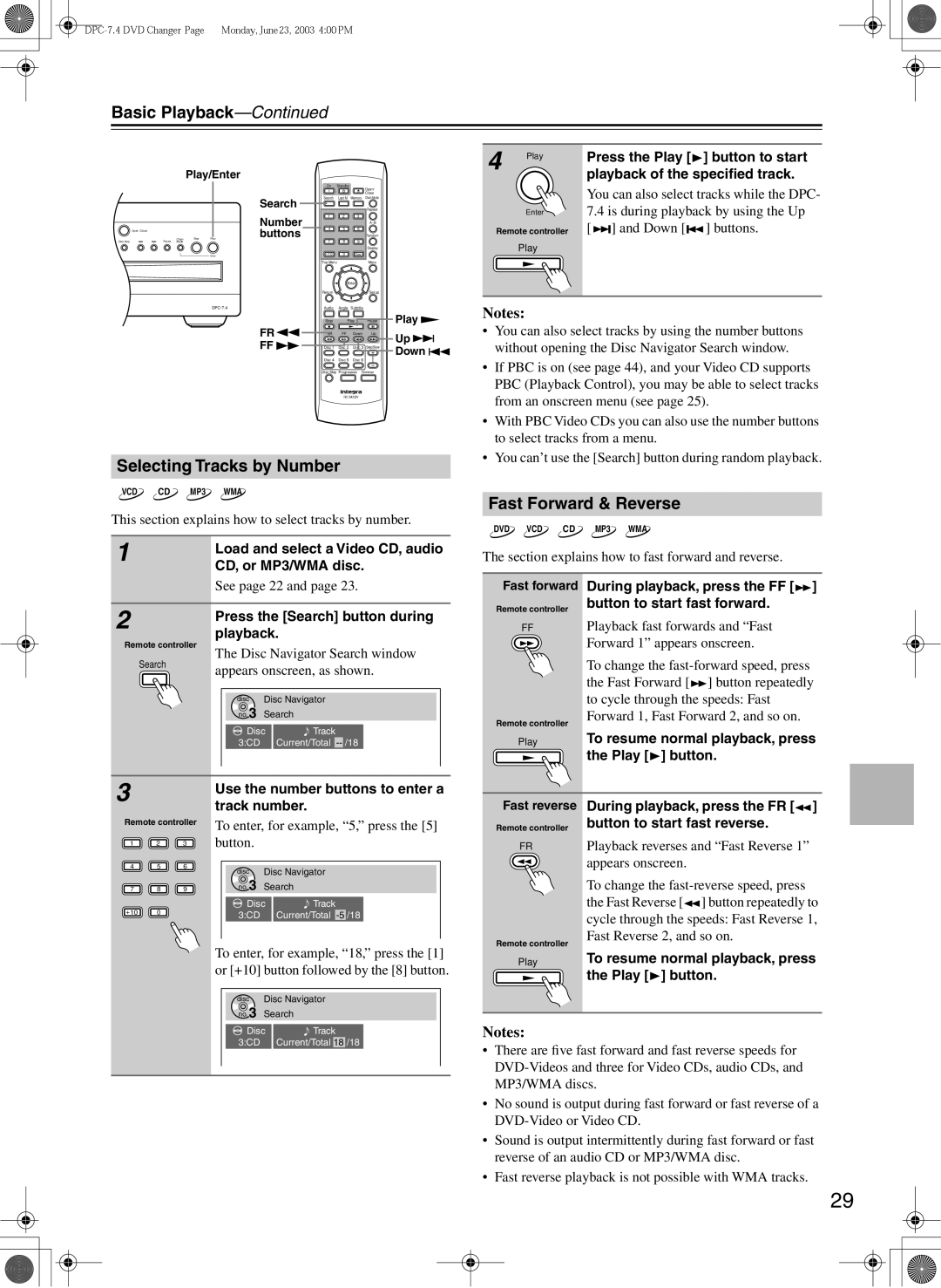 Integra DPC-7.4 instruction manual Selecting Tracks by Number, Fast Forward & Reverse 