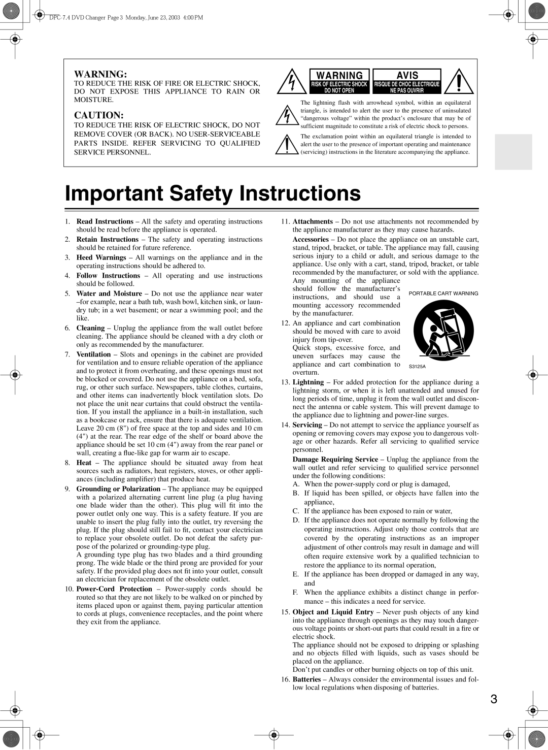 Integra DPC-7.4 instruction manual Important Safety Instructions 