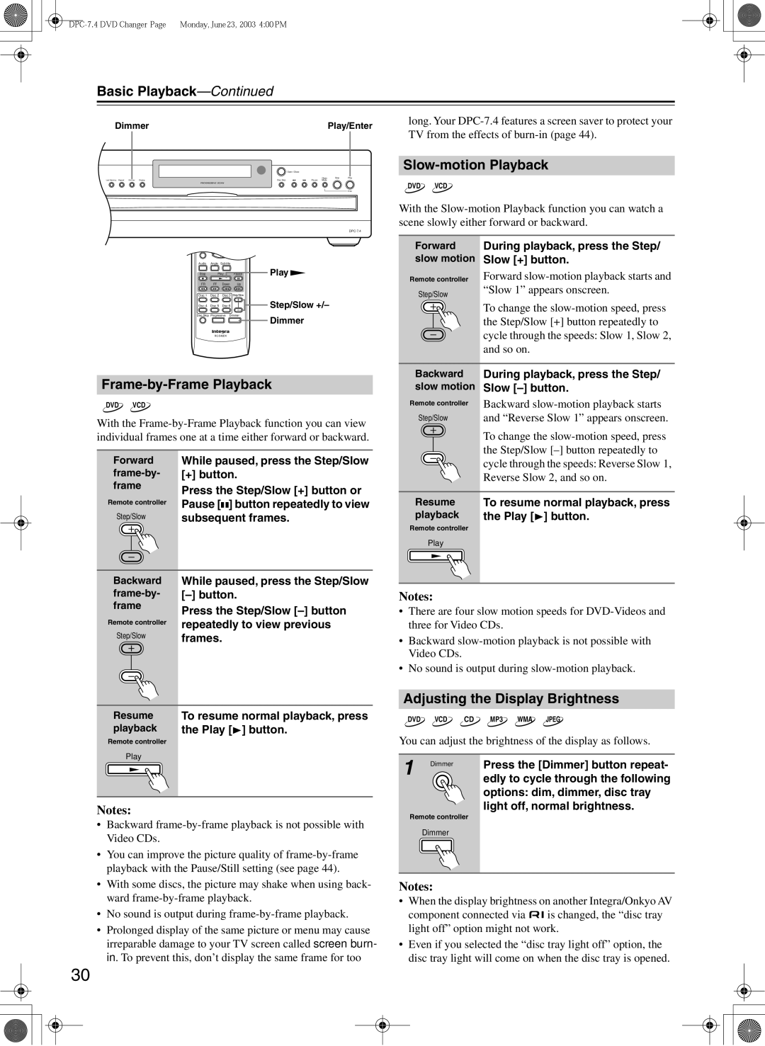 Integra DPC-7.4 instruction manual Slow-motion Playback, Frame-by-Frame Playback, Adjusting the Display Brightness 