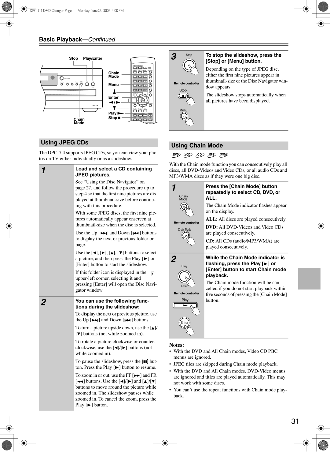 Integra DPC-7.4 instruction manual Using Jpeg CDs, Using Chain Mode 