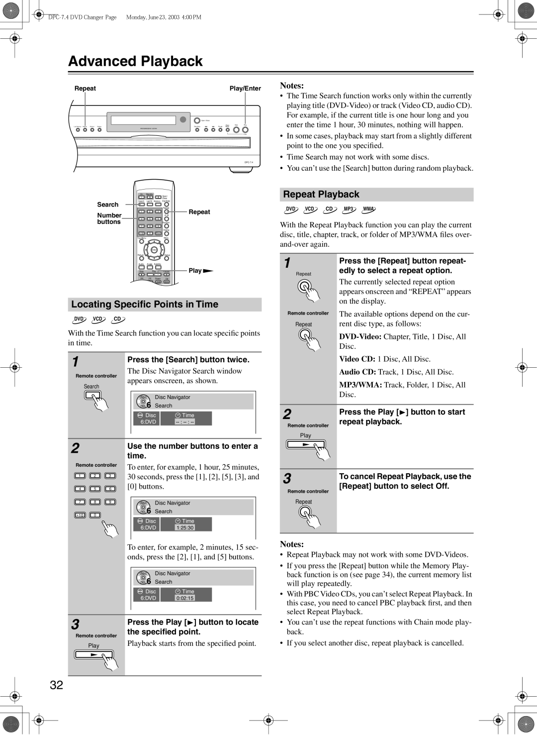 Integra DPC-7.4 instruction manual Advanced Playback, Locating Speciﬁc Points in Time, Repeat Playback 