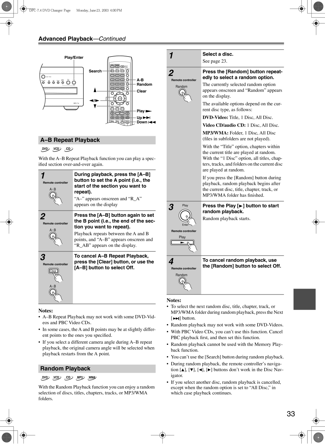 Integra DPC-7.4 instruction manual Advanced Playback, Random Playback 