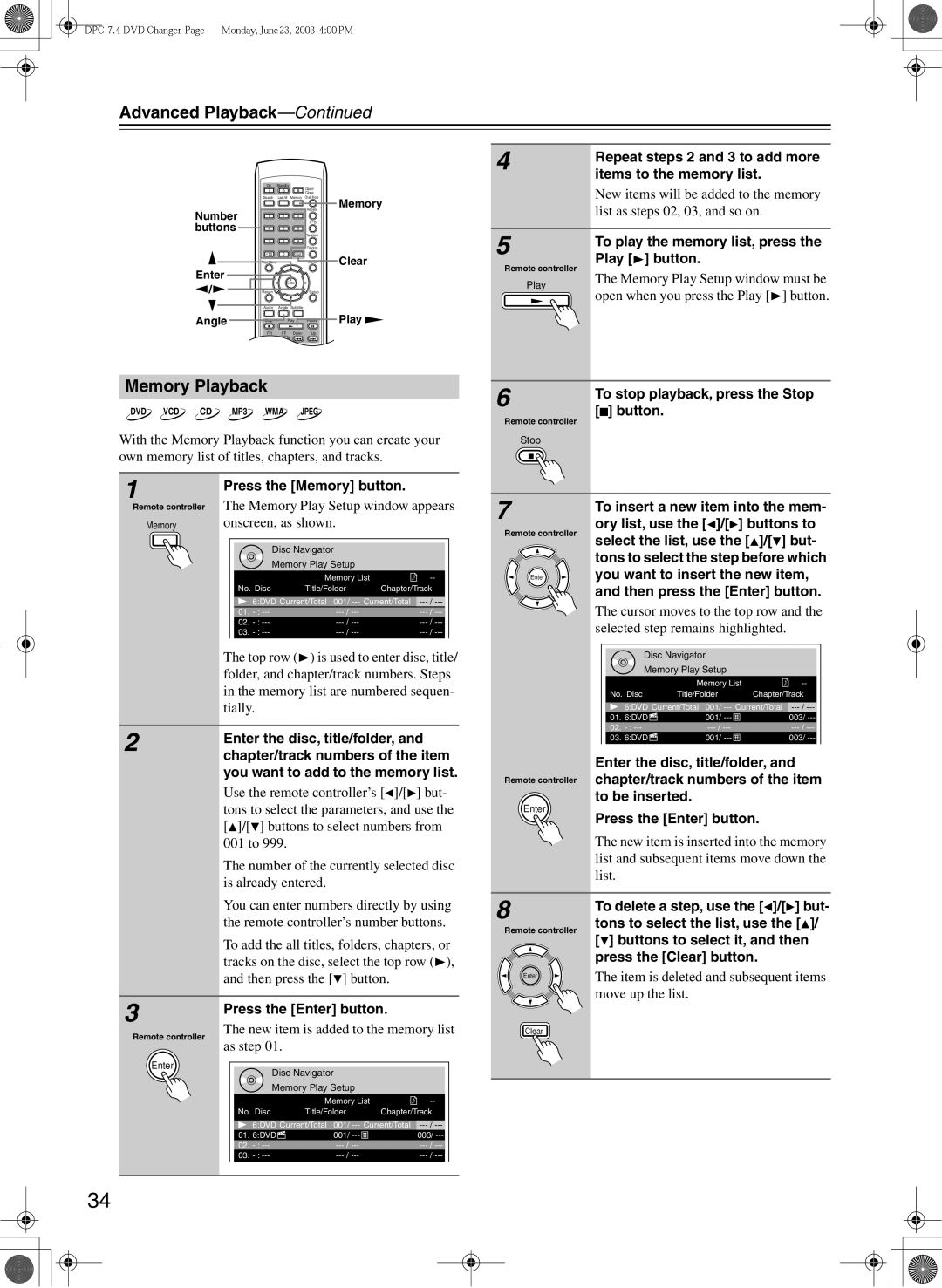 Integra DPC-7.4 instruction manual Memory Playback 