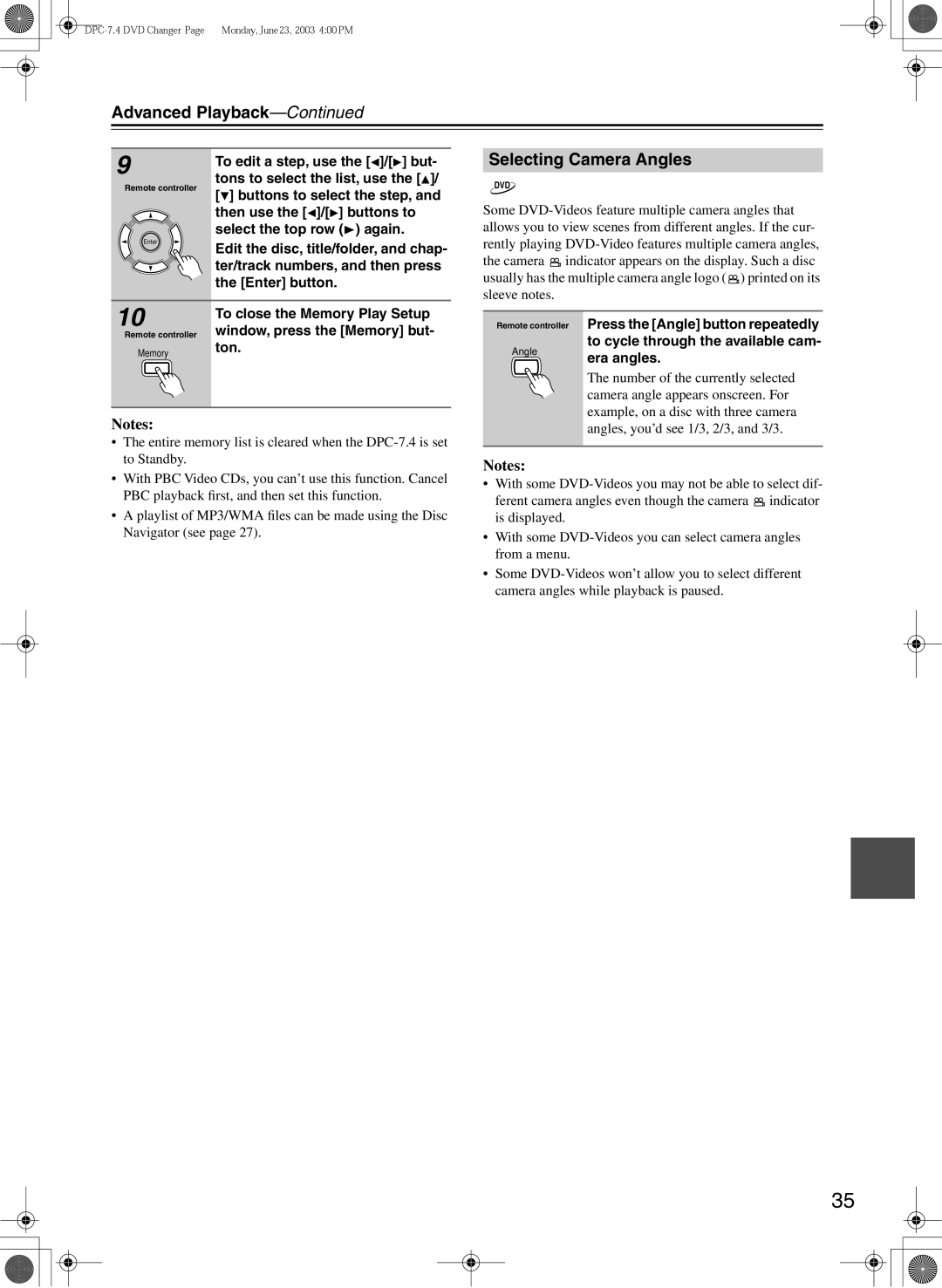 Integra Selecting Camera Angles, Entire memory list is cleared when the DPC-7.4 is set, To Standby, Navigator see 