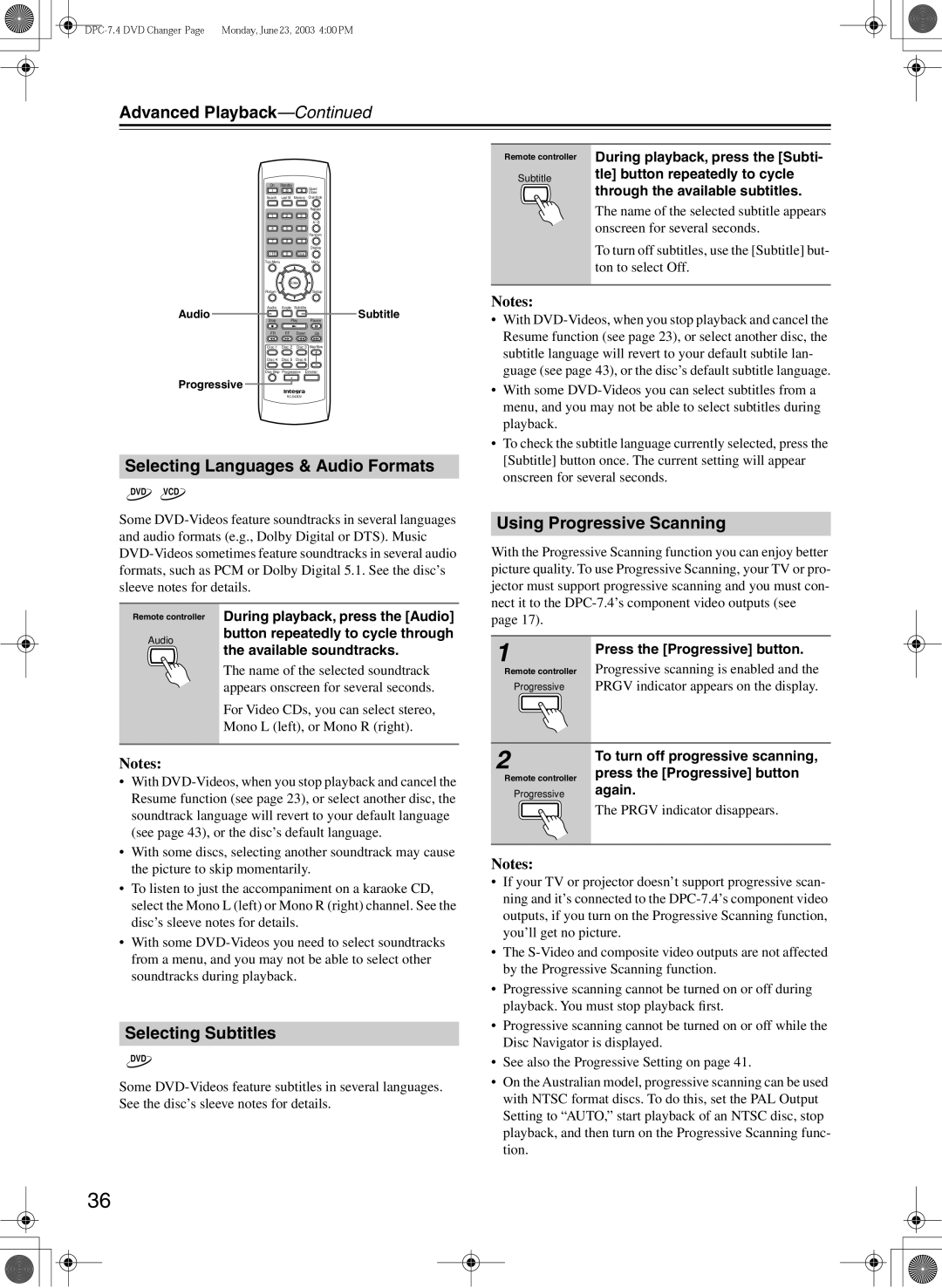 Integra DPC-7.4 instruction manual Selecting Languages & Audio Formats, Using Progressive Scanning, Selecting Subtitles 