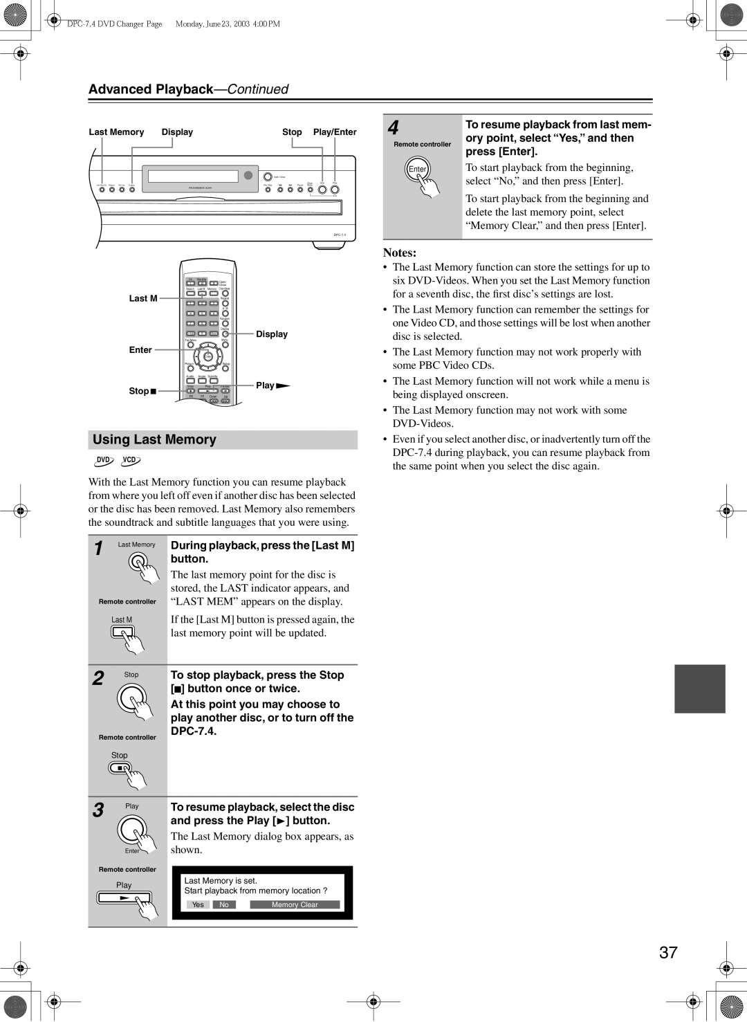 Integra DPC-7.4 Using Last Memory, During playback, press the Last M button, Last Memory dialog box appears, as shown 