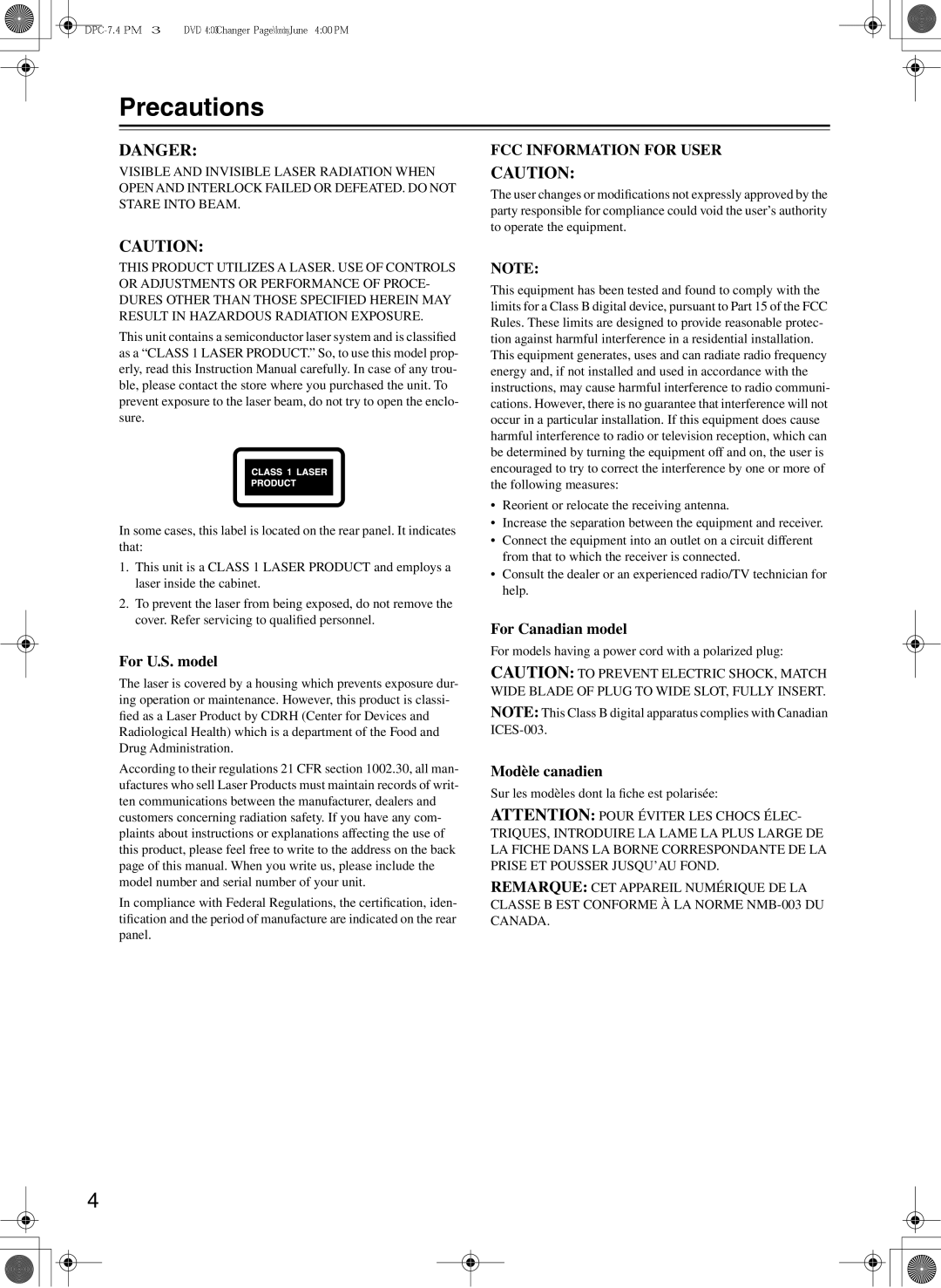 Integra DPC-7.4 instruction manual Precautions, For models having a power cord with a polarized plug 