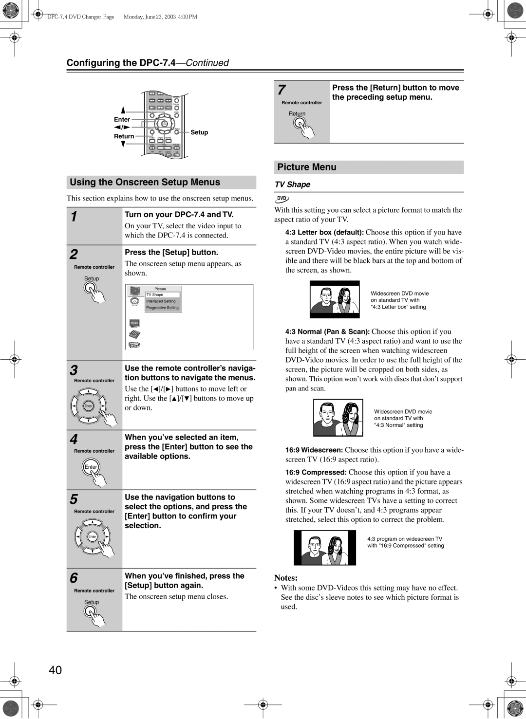 Integra instruction manual Conﬁguring the DPC-7.4, Using the Onscreen Setup Menus, Picture Menu, TV Shape 