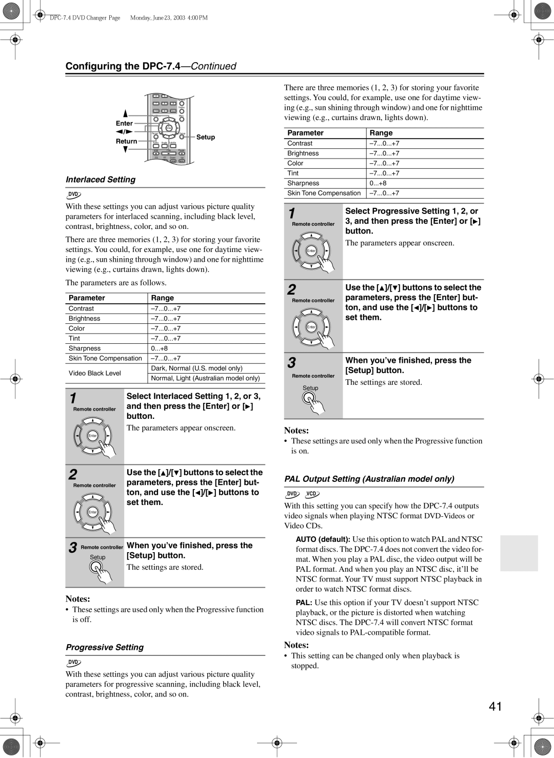 Integra DPC-7.4 instruction manual Interlaced Setting, PAL Output Setting Australian model only, Progressive Setting 