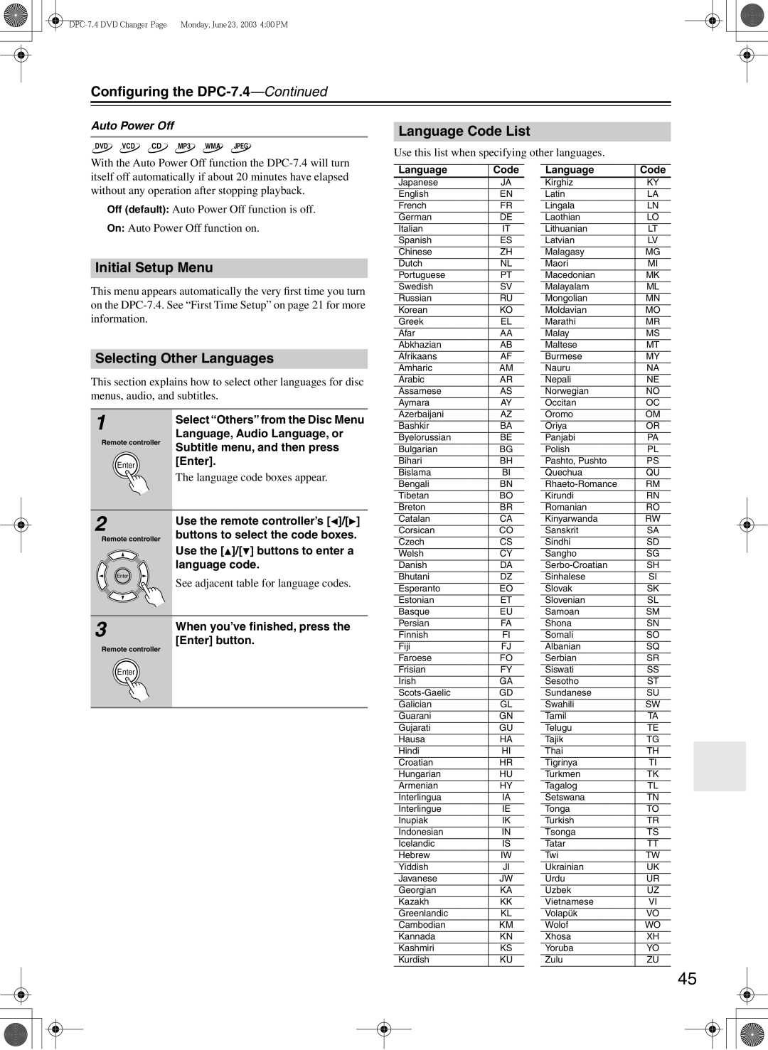 Integra DPC-7.4 instruction manual Language Code List, Initial Setup Menu, Selecting Other Languages, Auto Power Off 