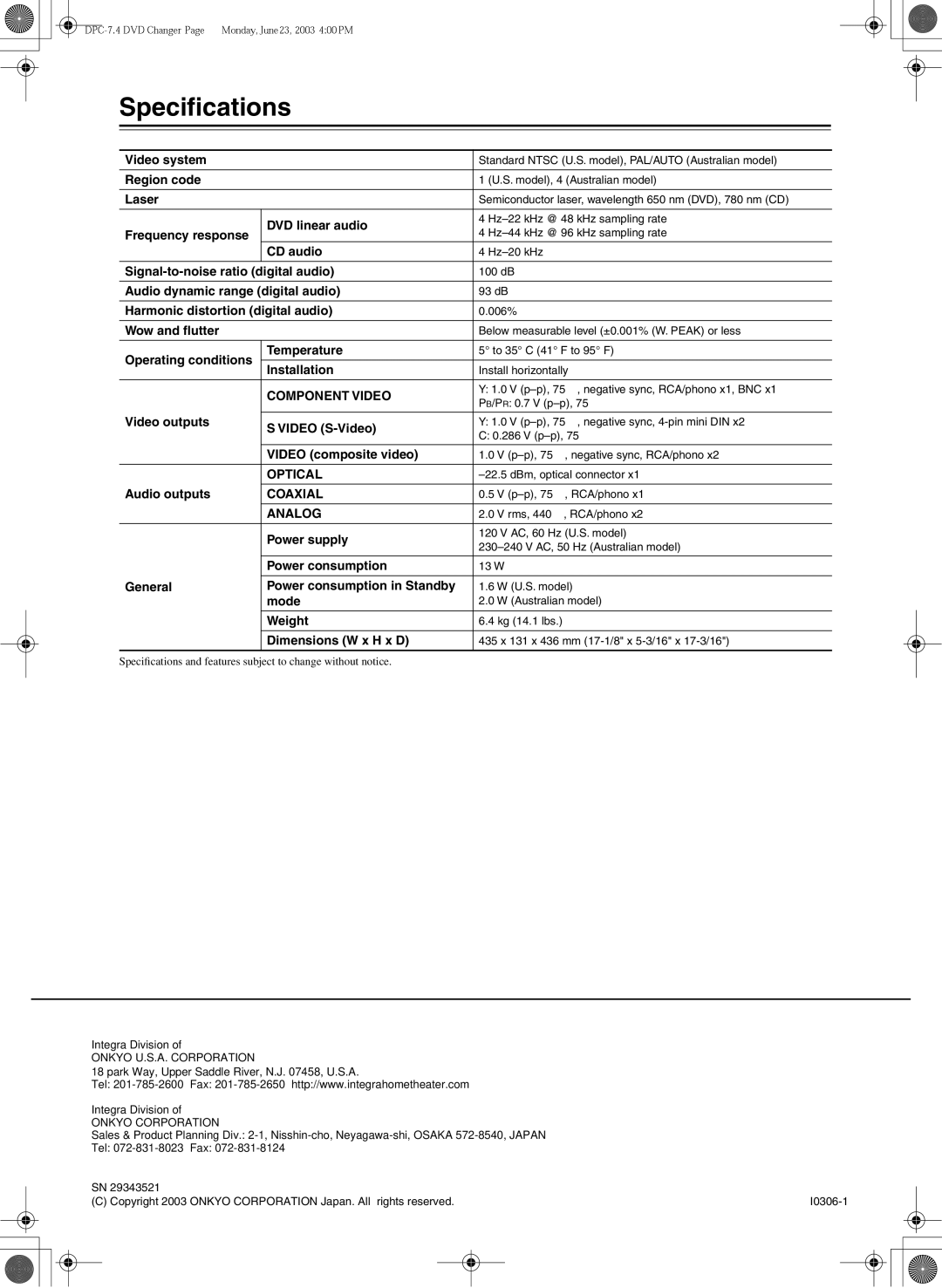 Integra DPC-7.4 instruction manual Speciﬁcations, Component Video 