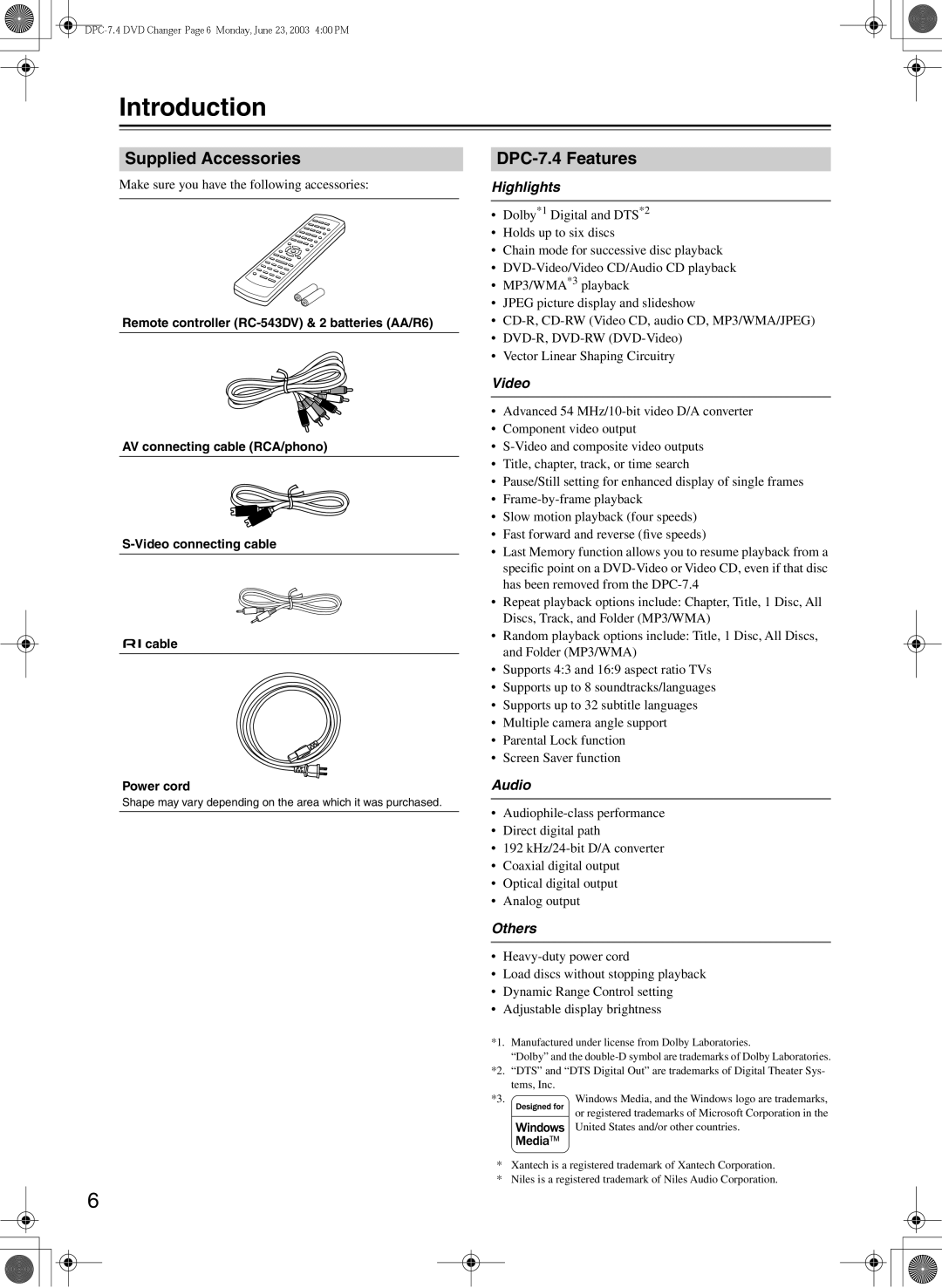 Integra instruction manual Introduction, Supplied Accessories, DPC-7.4 Features 