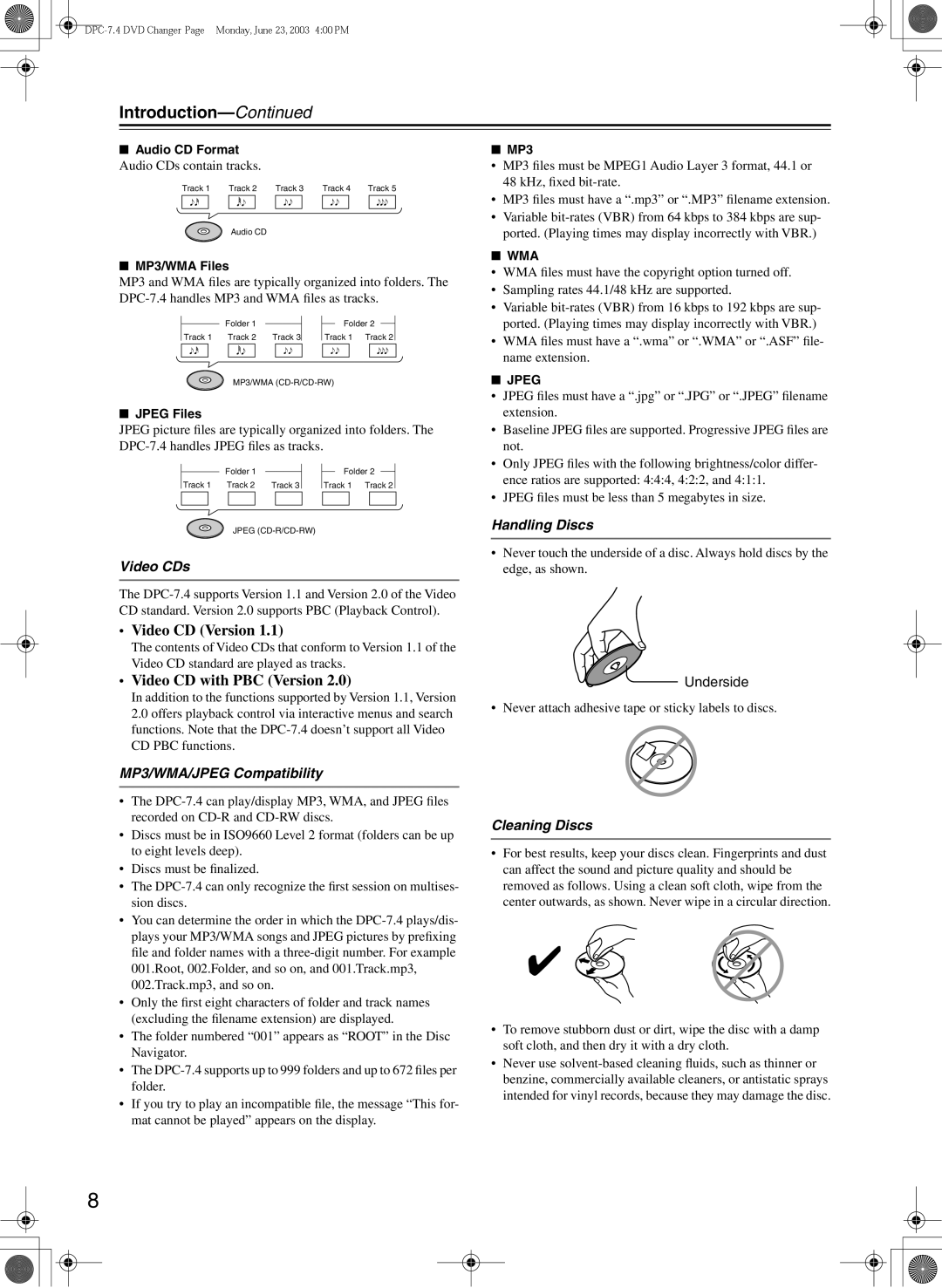 Integra DPC-7.4 instruction manual Introduction, Video CDs, MP3/WMA/JPEG Compatibility, Handling Discs, Cleaning Discs 