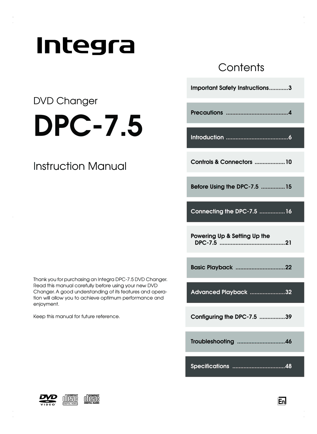 Integra DPC-7.5 instruction manual 