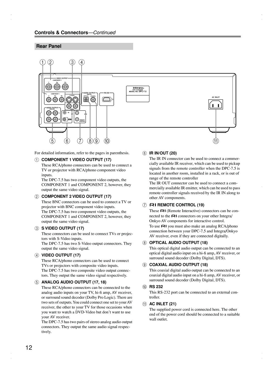 Integra DPC-7.5 instruction manual Controls & Connectors Rear Panel, Ir In/Out 