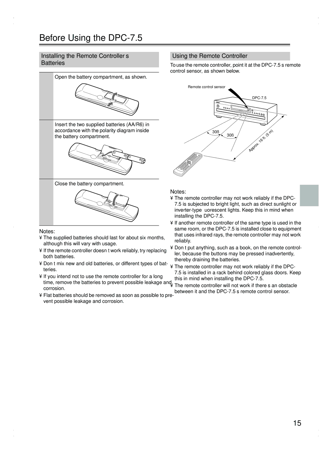 Integra Before Using the DPC-7.5, Installing the Remote Controller’s Batteries, Using the Remote Controller 