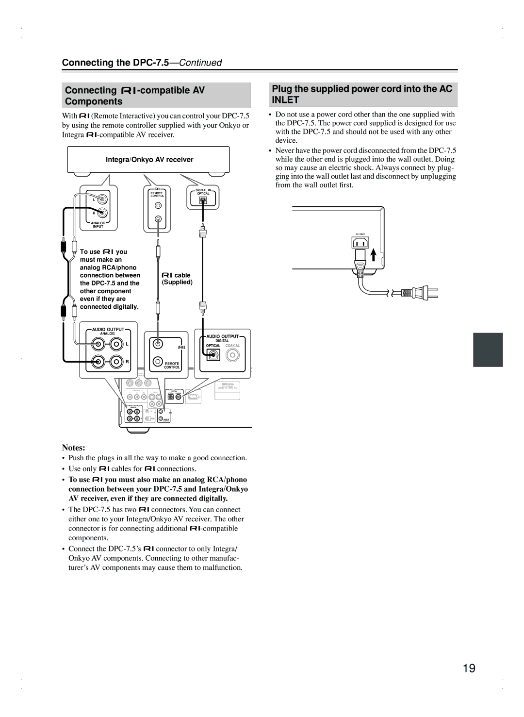 Integra Connecting the DPC-7.5 Connecting -compatible AV Components, Plug the supplied power cord into the AC Inlet 