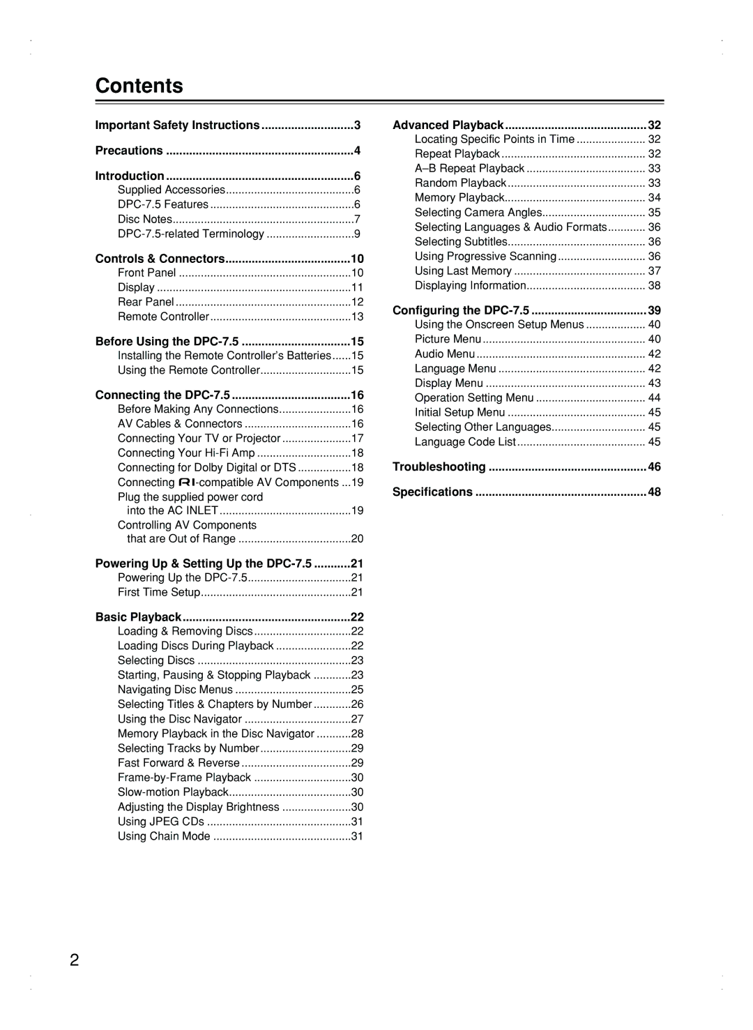 Integra DPC-7.5 instruction manual Contents 