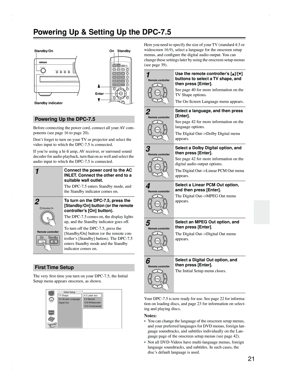 Integra instruction manual Powering Up & Setting Up the DPC-7.5, Powering Up the DPC-7.5, First Time Setup 