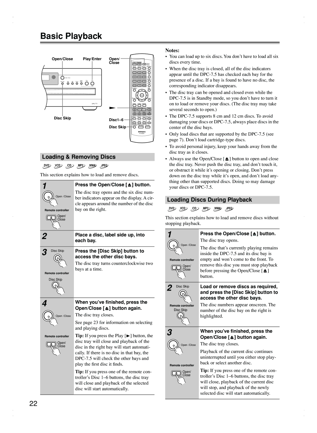 Integra DPC-7.5 instruction manual Basic Playback, Loading & Removing Discs, Loading Discs During Playback 