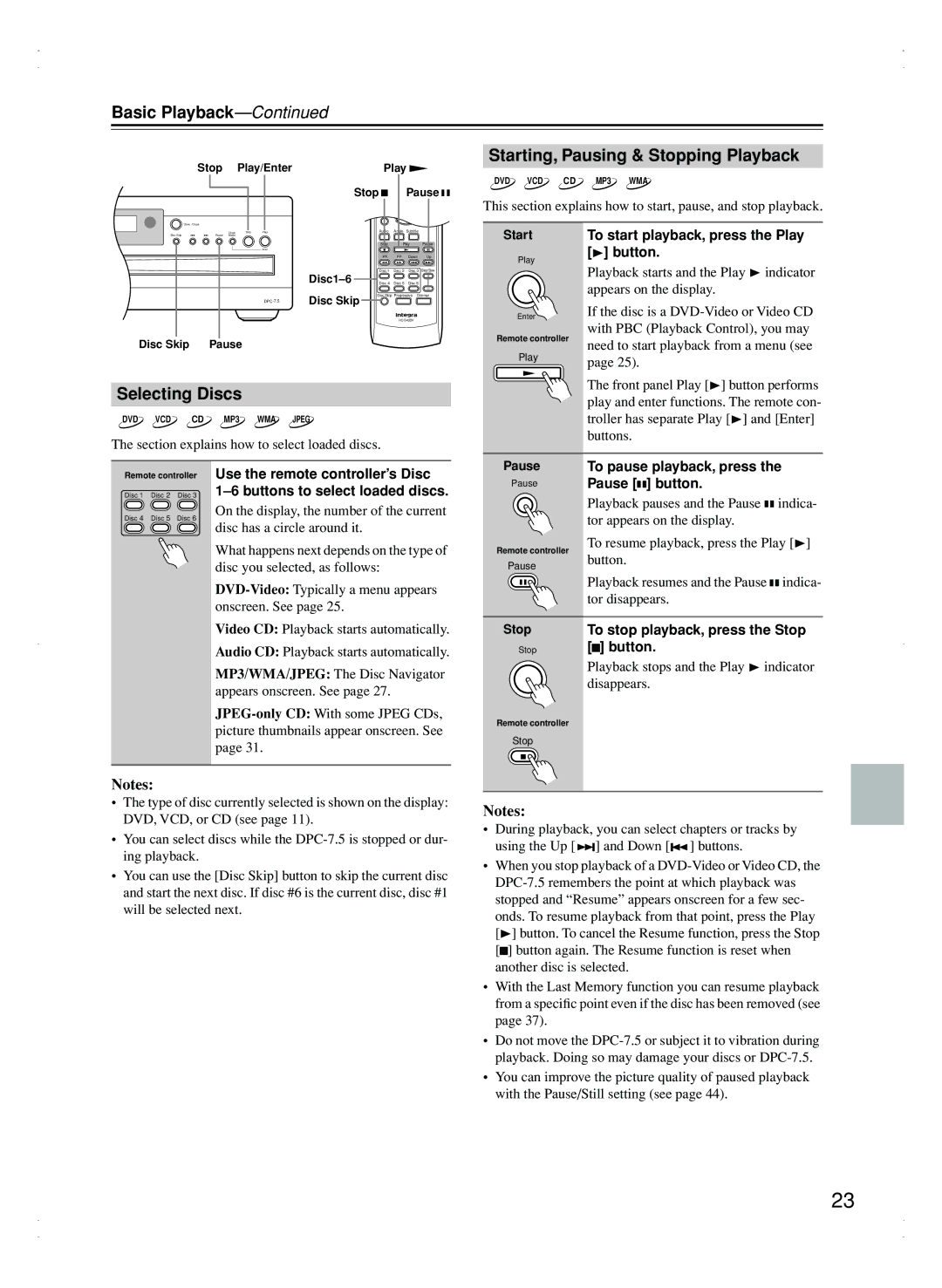 Integra DPC-7.5 instruction manual Basic Playback, Selecting Discs, Starting, Pausing & Stopping Playback 