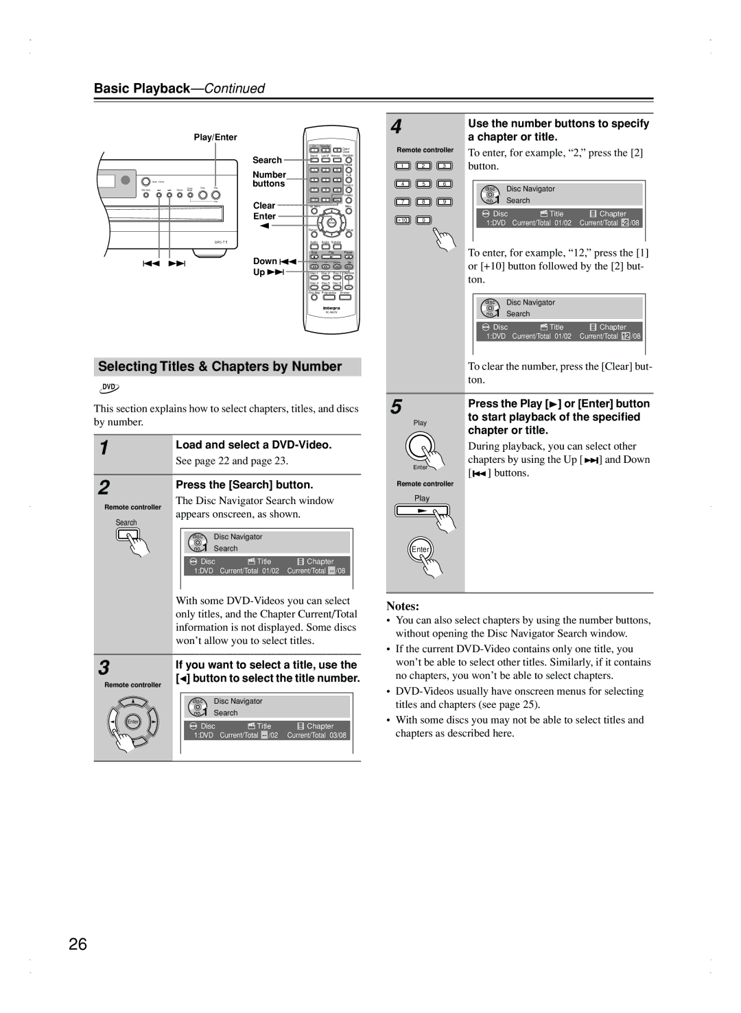 Integra DPC-7.5 Selecting Titles & Chapters by Number, Use the number buttons to specify a chapter or title 