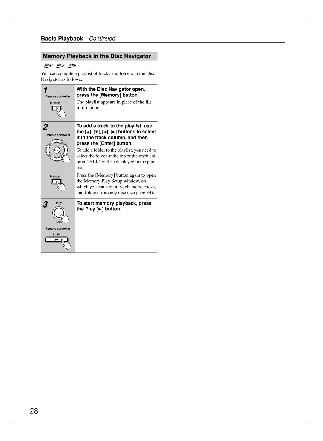 Integra DPC-7.5 Basic Playback Memory Playback in the Disc Navigator, Playlist appears in place of the ﬁle information 