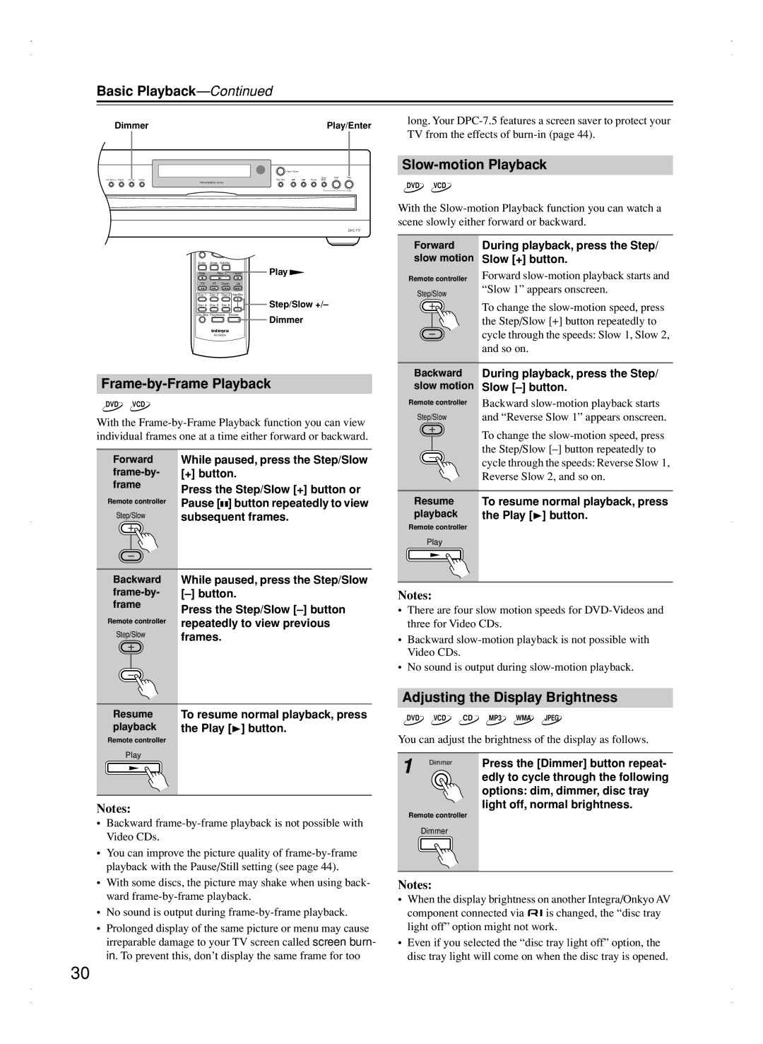 Integra DPC-7.5 instruction manual Slow-motion Playback, Frame-by-Frame Playback, Adjusting the Display Brightness 